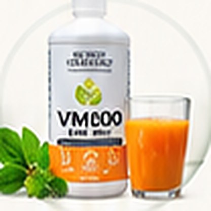 VM100 liquid multivitamin with a glass of juice