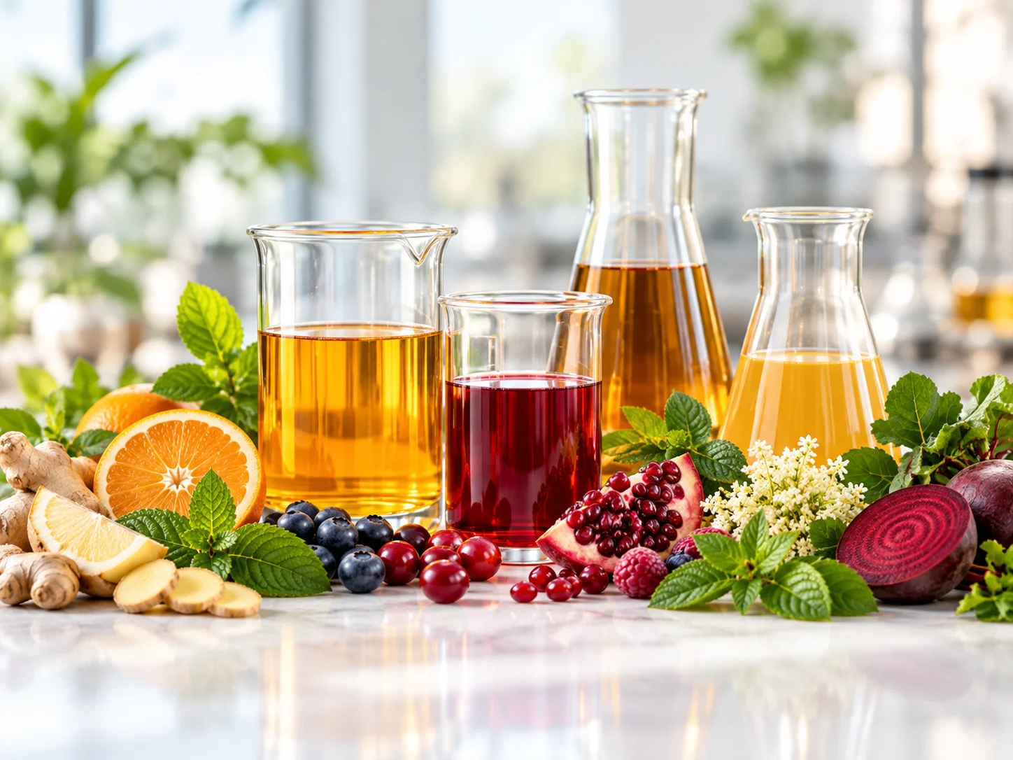 Glass beakers of liquid supplement with fresh fruit and botanicals